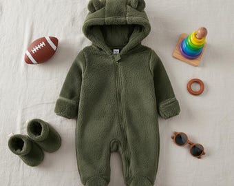 Fleece Bear Hoodie Romper: Warm Winter Jumpsuit for Baby Boys Girls