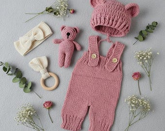 Newborn Photography Outfit Set 3PCS, Handwoven Baby Romper Pants Bear Hat, Knit Photoshoot Props