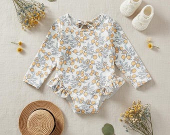 Floral Long Sleeve Swimsuit Ruffle One Piece UV Protection Swimwear, Beach Outfit Summer Bathing Suit