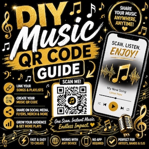 Peut inclure: Un graphique informatif noir et doré intitulé DIY MUSIC QR CODE GUIDE. Il présente un smartphone affichant une interface de lecteur de musique, un code QR central avec le texte SCAN ME, et diverses icônes illustrant le partage musical.