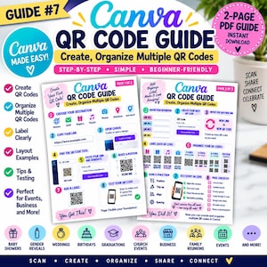 May include: A two-page digital PDF guide titled Canva QR Code Guide: Create, Organize Multiple QR Codes. The document features step-by-step instructions, numbered lists, icons, and diagrams for generating, labeling, and testing QR codes in Canva.