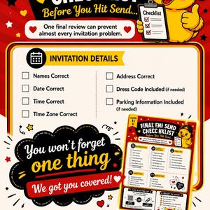 May include: A red and yellow infographic titled Final Send Checklist Before You Hit Send featuring a cartoon duck in a baseball cap holding a clipboard. The guide lists invitation details like names, dates, and times, plus a smaller version of the checklist.