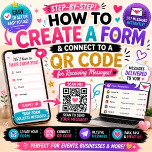 Può includere: Una guida digitale intitolata HOW TO CREATE A FORM & CONNECT TO A QR CODE. Presenta uno smartphone che mostra un modulo di contatto, un codice QR centrale con un'icona a forma di cuore e un portatile con un elenco di messaggi ricevuti.