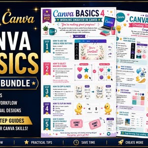 Pode incluir: Um guia Canva Basics 4 e 5 com instruções passo a passo para ferramentas de design. O documento inclui cabeçalhos de texto como Canva Basics 4 Working Smarter in Canva e Canva Basics 5 Creating Professional Designs com ícones coloridos.
