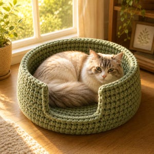 May include: A round, sage green crocheted pet bed with a thick, textured knit pattern and a low front opening. A long-haired, cream and brown tabby cat with blue eyes is curled up inside the bed, resting comfortably within the circular structure.