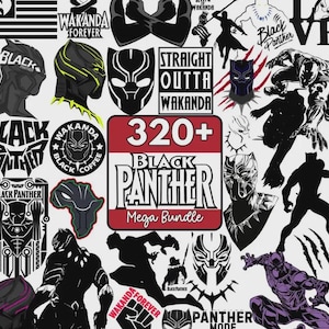 Pode incluir: Uma cole&ccedil;&atilde;o de gr&aacute;ficos com o tema Pantera Negra em preto, branco e roxo. Os designs incluem m&aacute;scaras, silhuetas e texto como "Wakanda Forever" e "Straight Outta Wakanda". A imagem tamb&eacute;m apresenta o texto "320+ Black Panther Mega Bundle."