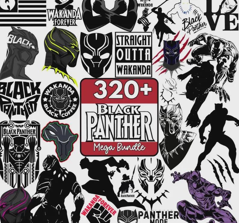 Pode incluir: Uma cole&ccedil;&atilde;o de gr&aacute;ficos com o tema Pantera Negra em preto, branco e roxo. Os designs incluem m&aacute;scaras, silhuetas e texto como "Wakanda Forever" e "Straight Outta Wakanda". A imagem tamb&eacute;m apresenta o texto "320+ Black Panther Mega Bundle."
