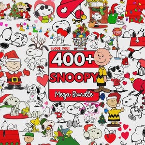 Pode incluir: Uma cole&ccedil;&atilde;o de ilustra&ccedil;&otilde;es de Snoopy e Charlie Brown em v&aacute;rias poses, incluindo temas de feriados e Dia dos Namorados. A imagem apresenta o texto "400+ Snoopy Mega Bundle" em vermelho e branco, com cora&ccedil;&otilde;es e &aacute;rvores de Natal.