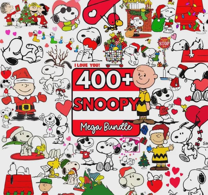 Pode incluir: Uma cole&ccedil;&atilde;o de ilustra&ccedil;&otilde;es de Snoopy e Charlie Brown em v&aacute;rias poses, incluindo temas de feriados e Dia dos Namorados. A imagem apresenta o texto "400+ Snoopy Mega Bundle" em vermelho e branco, com cora&ccedil;&otilde;es e &aacute;rvores de Natal.