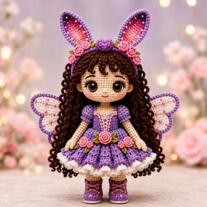 May include: A crocheted doll with long brown curly hair, wearing a purple dress with pink rose accents and a white ruffled hem. The doll features bunny ears with pink centres, a floral headband, and small wings with pink details and white trim.