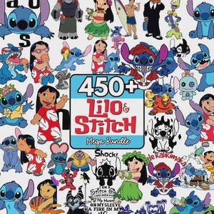 Pode incluir: Uma cole&ccedil;&atilde;o de ilustra&ccedil;&otilde;es de desenhos animados coloridos com os personagens de Lilo & Stitch. A imagem inclui v&aacute;rias poses de Stitch e Lilo, com o texto "450+ Lilo & Stitch Mega Bundle".