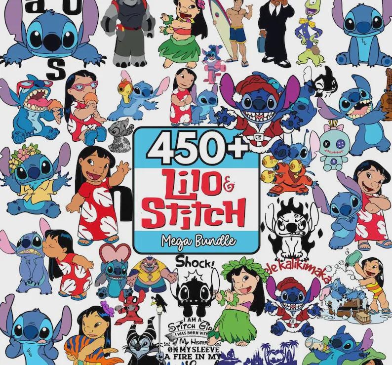 Pode incluir: Uma cole&ccedil;&atilde;o de ilustra&ccedil;&otilde;es de desenhos animados coloridos com os personagens de Lilo & Stitch. A imagem inclui v&aacute;rias poses de Stitch e Lilo, com o texto "450+ Lilo & Stitch Mega Bundle".