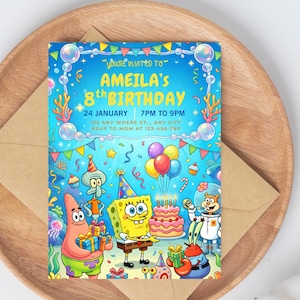 Op de afbeelding: Een kleurrijke verjaardagsuitnodiging met SpongeBob SquarePants en vrienden. De uitnodiging bevat de tekst "AMEILA'S 8th BIRTHDAY" met evenementdetails. Het ontwerp bevat ballonnen, taart en onderwaterelementen.