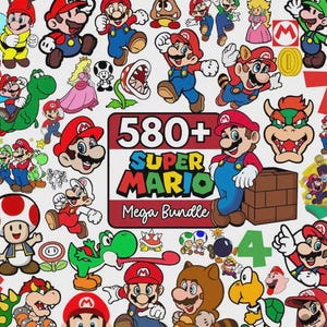 Pode incluir: Uma ilustra&ccedil;&atilde;o vibrante com v&aacute;rios personagens da s&eacute;rie de videojogos Super Mario. A imagem inclui Mario, Luigi, Princesa Peach, Yoshi e Bowser, juntamente com outros elementos reconhec&iacute;veis. O texto "580+ Super Mario Mega Bundle" &eacute; exibido em destaque.