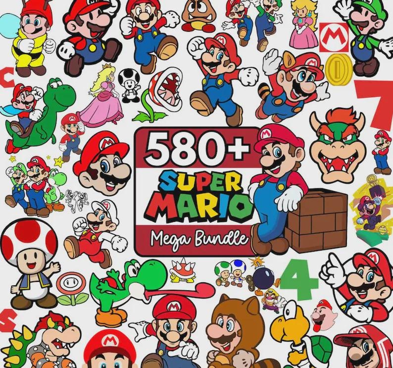 Pode incluir: Uma ilustra&ccedil;&atilde;o vibrante com v&aacute;rios personagens da s&eacute;rie de videojogos Super Mario. A imagem inclui Mario, Luigi, Princesa Peach, Yoshi e Bowser, juntamente com outros elementos reconhec&iacute;veis. O texto "580+ Super Mario Mega Bundle" &eacute; exibido em destaque.