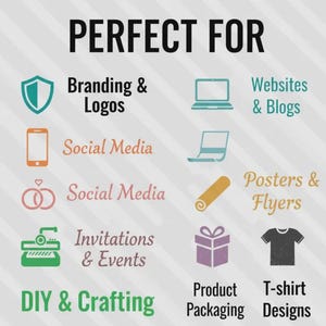 Pode incluir: Imagem com o texto "PERFECT FOR" acima de uma s&eacute;rie de &iacute;cones e descri&ccedil;&otilde;es de texto. As descri&ccedil;&otilde;es incluem "Branding & Logos", "Websites & Blogs", "Social Media", "Posters & Flyers", "Invitations & Events", "Product Packaging", "T-shirt Designs" e "DIY & Crafting".
