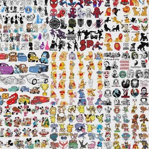 Pode incluir: Uma cole&ccedil;&atilde;o de autocolantes coloridos de desenhos animados e personagens. Os autocolantes apresentam v&aacute;rios desenhos, incluindo super-her&oacute;is, personagens da Disney e refer&ecirc;ncias cinematogr&aacute;ficas. A imagem &eacute; uma colagem de diferentes formas e tamanhos, com um fundo branco.