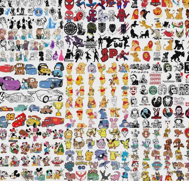 Pode incluir: Uma cole&ccedil;&atilde;o de autocolantes coloridos de desenhos animados e personagens. Os autocolantes apresentam v&aacute;rios desenhos, incluindo super-her&oacute;is, personagens da Disney e refer&ecirc;ncias cinematogr&aacute;ficas. A imagem &eacute; uma colagem de diferentes formas e tamanhos, com um fundo branco.