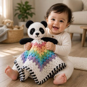 May include: A handmade crochet panda bear security blanket with a rainbow-colored center. The panda has black and white details, including ears and a face. The blanket has a white border with black and white stripes. A baby is holding the blanket.