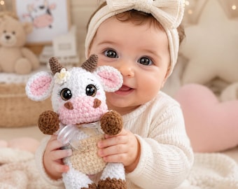 Molde em PDF para crochê de vaca e touro bebês fofos, padrão de animais de fazenda, molde de amigurumi de vaca de pelúcia, presente de chá de bebê faça você mesmo, brinquedo de aconchego para bebê
