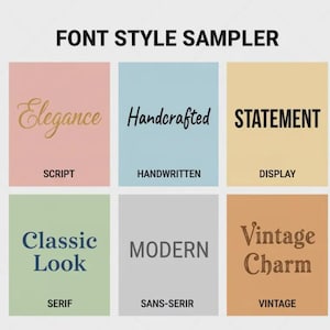 Pode incluir: Uma amostra de estilos de fonte com seis estilos diferentes. O texto "FONT STYLE SAMPLER" est&aacute; no topo. Cada estilo &eacute; exibido em um fundo colorido com o nome da fonte e a descri&ccedil;&atilde;o do estilo.
