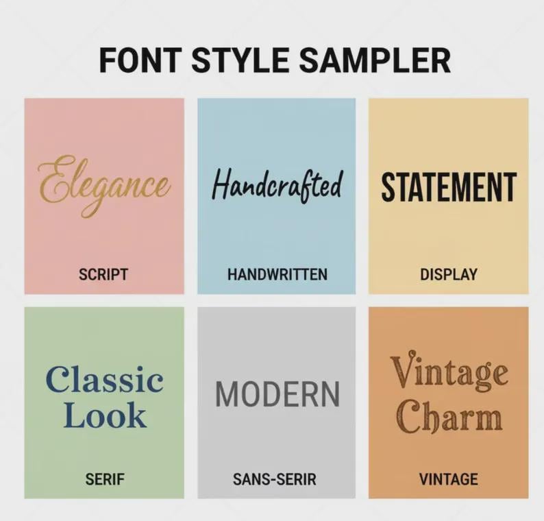 Pode incluir: Uma amostra de estilos de fonte com seis estilos diferentes. O texto "FONT STYLE SAMPLER" est&aacute; no topo. Cada estilo &eacute; exibido em um fundo colorido com o nome da fonte e a descri&ccedil;&atilde;o do estilo.
