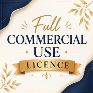 Pode incluir: Gr&aacute;fico com as palavras "Full Commercial Use Licence" em dourado e azul marinho. O texto est&aacute; em um fundo creme com detalhes de folhas douradas e bordas azul marinho. Uma faixa de fita dourada exibe a palavra "LICENCE".