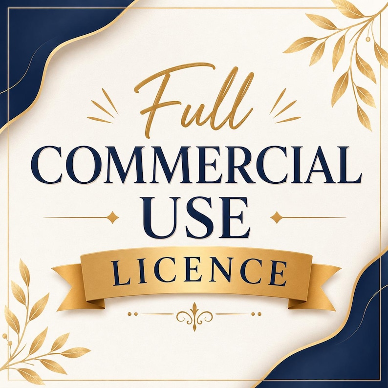 Pode incluir: Gr&aacute;fico com as palavras "Full Commercial Use Licence" em dourado e azul marinho. O texto est&aacute; em um fundo creme com detalhes de folhas douradas e bordas azul marinho. Uma faixa de fita dourada exibe a palavra "LICENCE".