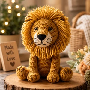 Puede incluir: Un león de peluche tejido a ganchillo con un cuerpo amarillo dorado y una melena espesa y peluda hecha de hilo. El león tiene ojos de seguridad de color marrón oscuro, una nariz bordada en negro y bigotes cosidos. Está sentado erguido.