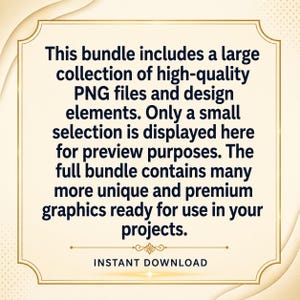 Pode incluir: Um gr&aacute;fico creme com uma borda dourada cont&eacute;m o texto: "Este pacote inclui uma grande cole&ccedil;&atilde;o de arquivos PNG de alta qualidade e elementos de design... DOWNLOAD INSTANT&Acirc;NEO."