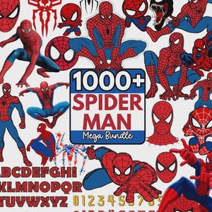 Pode incluir: Uma cole&ccedil;&atilde;o de gr&aacute;ficos com o tema Homem-Aranha, incluindo v&aacute;rias poses, m&aacute;scaras e um design de teia. A imagem apresenta o texto "1000+ SPIDER MAN Mega Bundle" e um conjunto de alfabeto e n&uacute;meros.