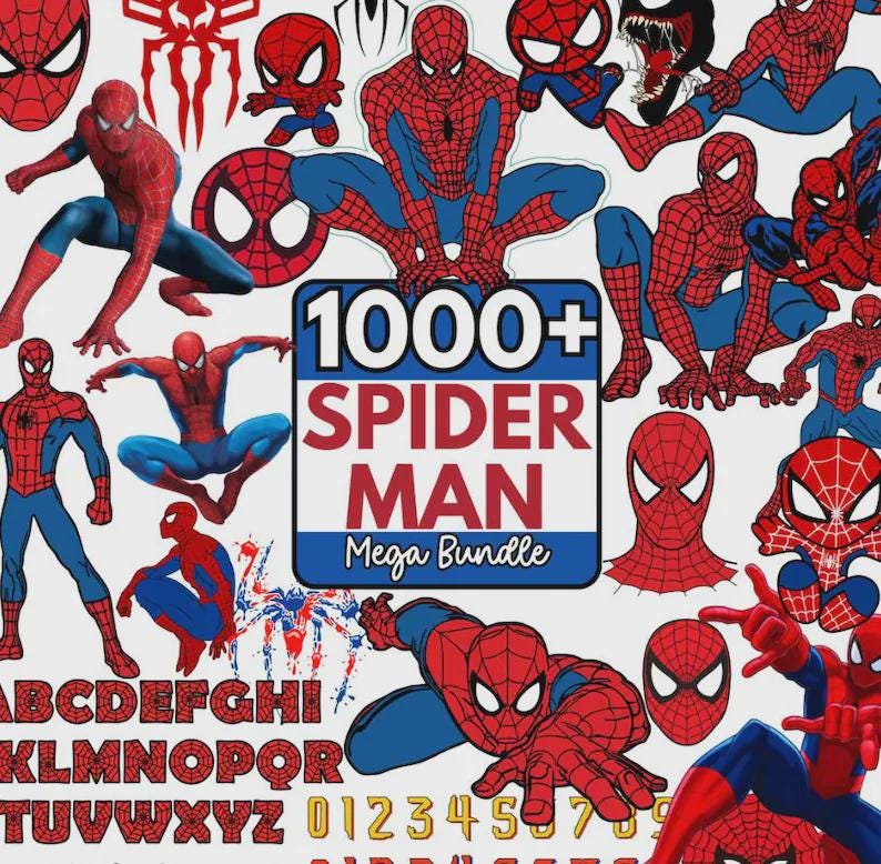 Pode incluir: Uma cole&ccedil;&atilde;o de gr&aacute;ficos com o tema Homem-Aranha, incluindo v&aacute;rias poses, m&aacute;scaras e um design de teia. A imagem apresenta o texto "1000+ SPIDER MAN Mega Bundle" e um conjunto de alfabeto e n&uacute;meros.