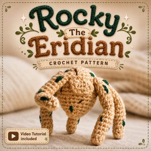Puede incluir: Un patrón de crochet "Rocky the Eridian" con una criatura de ganchillo beige y detalles verdes. La imagen incluye un icono de tutorial en vídeo. El texto está en una fuente decorativa sobre un fondo beige.