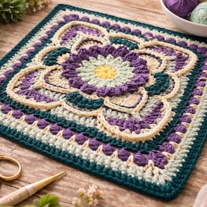 May include: A square, handmade crochet piece with a floral design in shades of purple, teal, cream, and yellow. The crochet piece is surrounded by a teal border. Gold scissors and a gold needle are in the foreground.