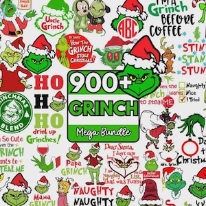Pode incluir: Uma cole&ccedil;&atilde;o de gr&aacute;ficos e elementos de texto com o tema Grinch. O design inclui v&aacute;rios personagens Grinch, chap&eacute;us de Papai Noel e frases como "How the Grinch Stole Christmas!" e "Merry Grinchmas!". A paleta de cores &eacute; dominada por verde, vermelho e branco.