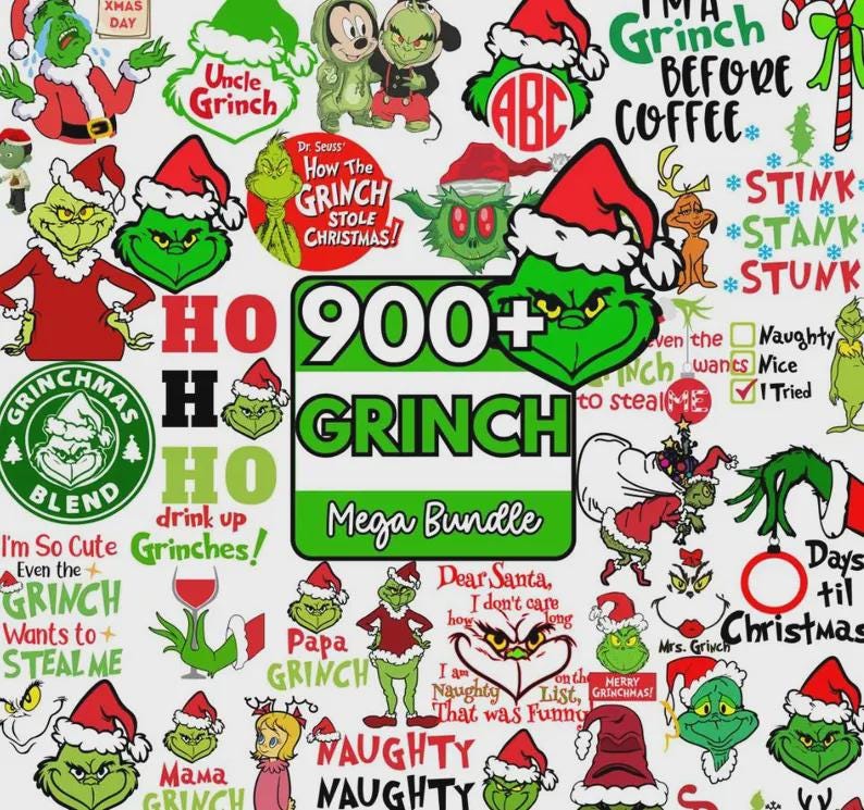 Pode incluir: Uma cole&ccedil;&atilde;o de gr&aacute;ficos e elementos de texto com o tema Grinch. O design inclui v&aacute;rios personagens Grinch, chap&eacute;us de Papai Noel e frases como "How the Grinch Stole Christmas!" e "Merry Grinchmas!". A paleta de cores &eacute; dominada por verde, vermelho e branco.