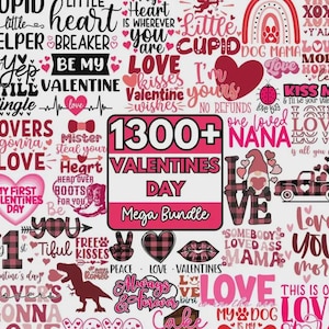 Pode incluir: Uma colagem com tema de Dia dos Namorados com texto e gr&aacute;ficos em tons de rosa, vermelho e preto. O design inclui frases como "Be My Valentine", "Love" e "Kisses", juntamente com cora&ccedil;&otilde;es, um gnomo e um caminh&atilde;o carregando cora&ccedil;&otilde;es. As palavras "1300+ Valentines Day Mega Bundle" s&atilde;o exibidas de forma proeminente.