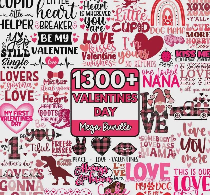 Pode incluir: Uma colagem com tema de Dia dos Namorados com texto e gr&aacute;ficos em tons de rosa, vermelho e preto. O design inclui frases como "Be My Valentine", "Love" e "Kisses", juntamente com cora&ccedil;&otilde;es, um gnomo e um caminh&atilde;o carregando cora&ccedil;&otilde;es. As palavras "1300+ Valentines Day Mega Bundle" s&atilde;o exibidas de forma proeminente.