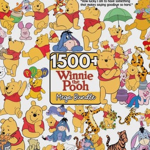 Pode incluir: Uma imagem colorida com ilustra&ccedil;&otilde;es de Winnie the Pooh e seus amigos, incluindo Tigr&atilde;o e Eeyore. A imagem inclui o texto "1500+ Winnie the Pooh Mega Bundle."