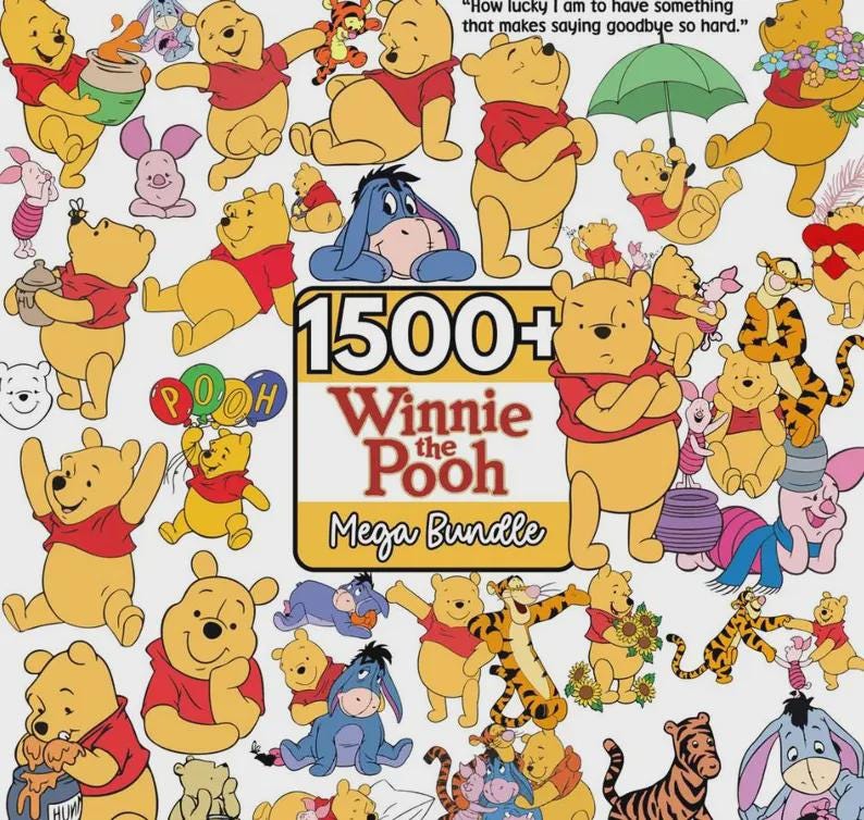 Pode incluir: Uma imagem colorida com ilustra&ccedil;&otilde;es de Winnie the Pooh e seus amigos, incluindo Tigr&atilde;o e Eeyore. A imagem inclui o texto "1500+ Winnie the Pooh Mega Bundle."