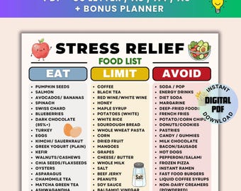 Voedsellijst voor stressverlichting afdrukbaar | Stemmingsschema voor stressvermindering | Mood Balance Maaltijdplanning pdf | Boodschappenlijstje om angst te verminderen