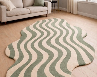 Alfombra irregular de color verde beige, alfombra abstracta con mechones, alfombra moderna de forma orgánica, alfombra de lujo hecha a mano para la decoración del hogar.
