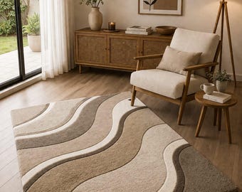 Alfombra abstracta de ondas beige, alfombra moderna neutra con mechones, alfombra rectangular, alfombra minimalista para sala de estar, decoración de suelo escandinava
