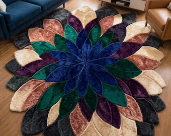 Alfombra colorida hecha a mano con diseño de pétalos en 3D - Alfombra floral grande multicolor para sala de estar - Alfombra floral maximalista y original