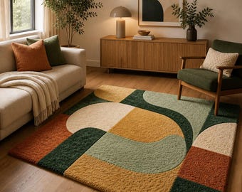 Modern Abstract Area Rug, Geometric Carpet, Mid Century Style Rug, Soft Tufted Living Room Rug, Boho Floor Carpet, Green Mustard Beige Rug