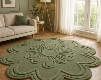 Sage Green Flower Tufted Rug, 3D Hand-Tufted Floral Area Rug, Sage Green Aesthetic Decor, Cute Scalloped Flower Rug for Bedroom