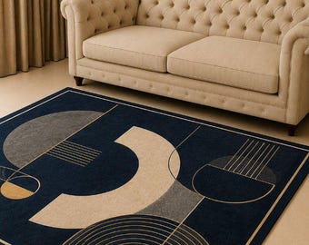 Moderner Geometrischer Teppich, Marineblauer Abstrakter Teppich, Handgetufteter Wohnzimmerteppich, Zeitgenössische Bodenmatte, Minimalistisches Wohndekor