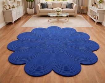 Alfombra de lana azul marino con diseño floral en relieve, alfombra de lana con forma floral en 3D, decoración única para habitaciones con una estética única, alfombra de pétalos original hecha a mano para el dormitorio.