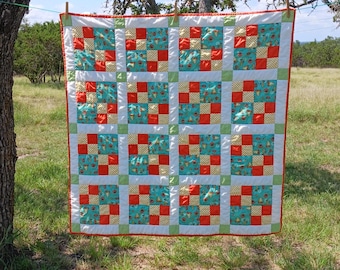 Baby Quilt Blanket Scrappy Orange Green Yellow All Cotton Flannel Backing 40.5"x 41"