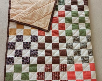 Scrappy Handmade Checkerboard Throw Quilt Autumn Multicolored All Cotton